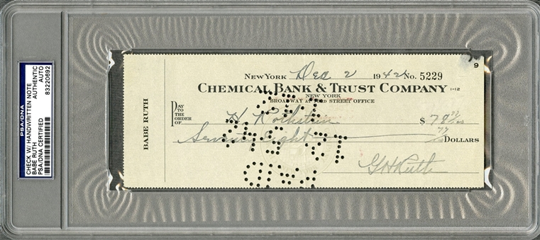 1942 Babe Ruth Signed and Encapsulated Check (PSA/DNA)